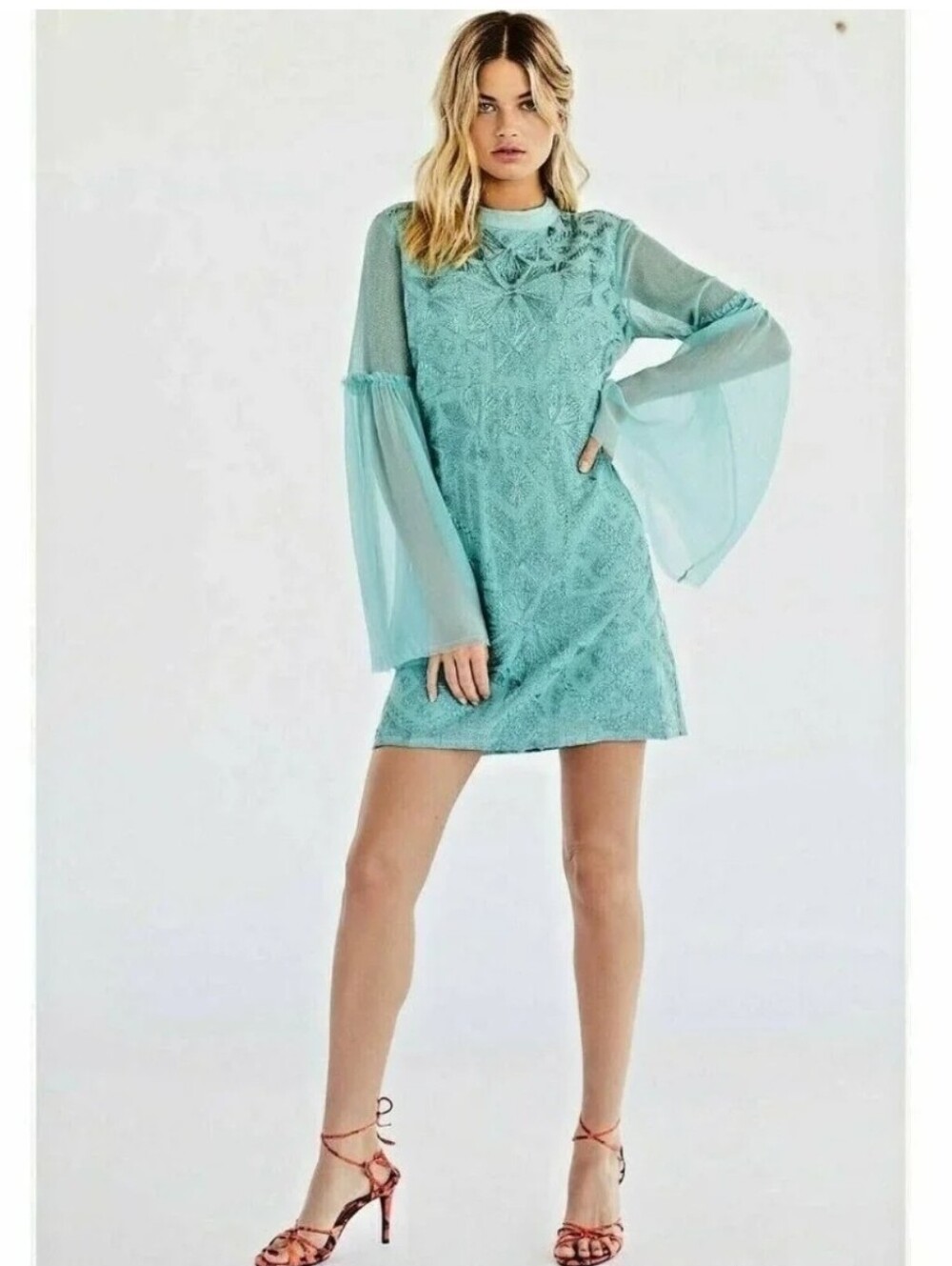 NWT - Free People - Light Teal Embroidered Long-Sleeve Dress